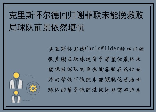 克里斯怀尔德回归谢菲联未能挽救败局球队前景依然堪忧 克里斯怀尔德回归谢菲联未能挽救败局球队前景依然堪忧