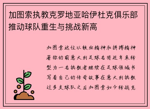 加图索执教克罗地亚哈伊杜克俱乐部推动球队重生与挑战新高 加图索执教克罗地亚哈伊杜克俱乐部推动球队重生与挑战新高